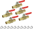 1/2" Mini Ball Valve, Brass Shut-off Valve Switch Hose Barb Pipe Tube Fittings with Clamp 90 Degree Red Operation Handle, Brass Valve, 5 Set