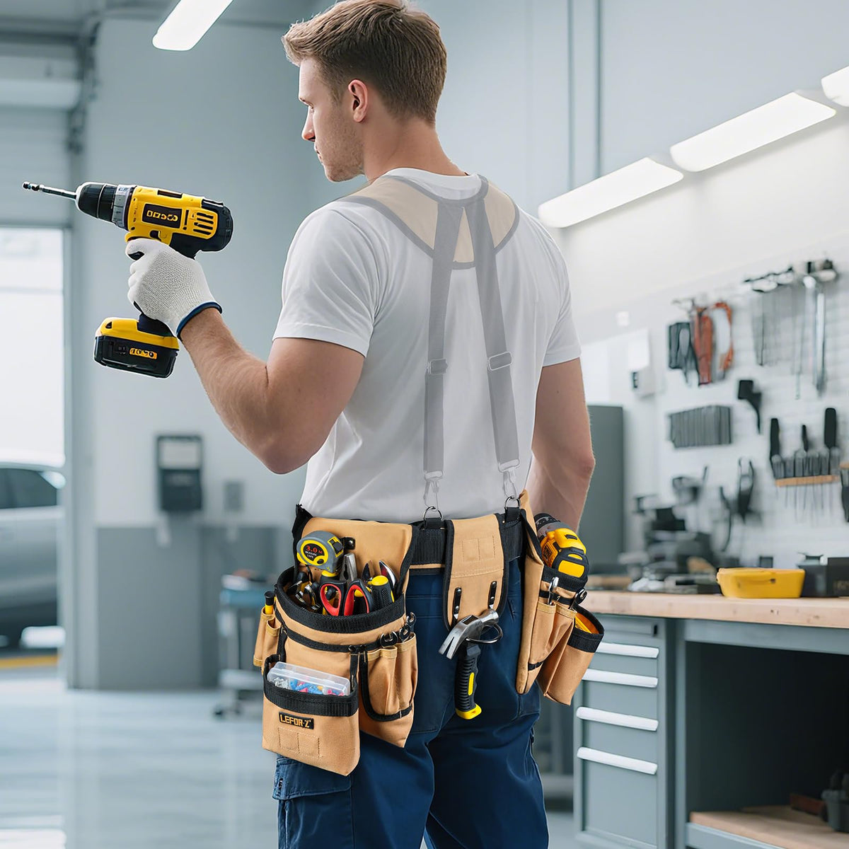 LinkMejor Cintura Strumenti con 4 Anelli D, Cintura Strumenti da 27 Pochette per Uomini, Costruzione