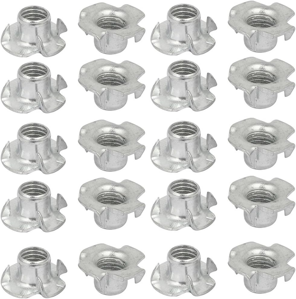 M10 Thread Dia Metal 4 Prongs Full Threaded T-Nut Tee Nuts Silver Tone 20pcs