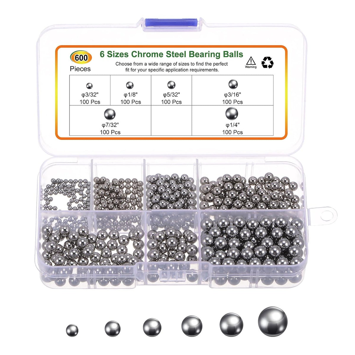 600pcs G10 Precision Balls Assortment Kit 1/4" 3/16" 7/32" 5/32" 1/8" 3/32" Chrome Steel Solid Bearing Balls