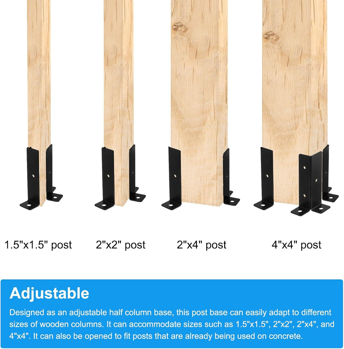 16pcs Adjustable Deck Post Base Brackets Fit 1.5x1.5,2x2,2x4,4x4 Post, Reversible Half Column Deck Post Base for Deck Railing Mailbox, Black