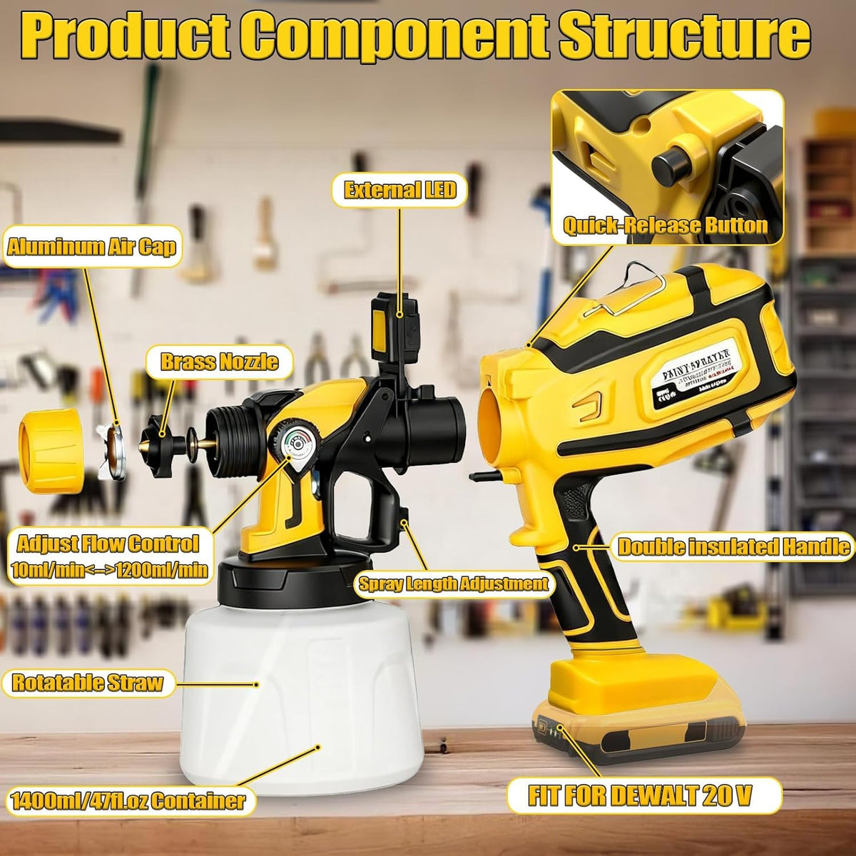 Lansă de vopsire fără fir compatibilă cu baterie DEWALT 20V MAX (Fără baterie)