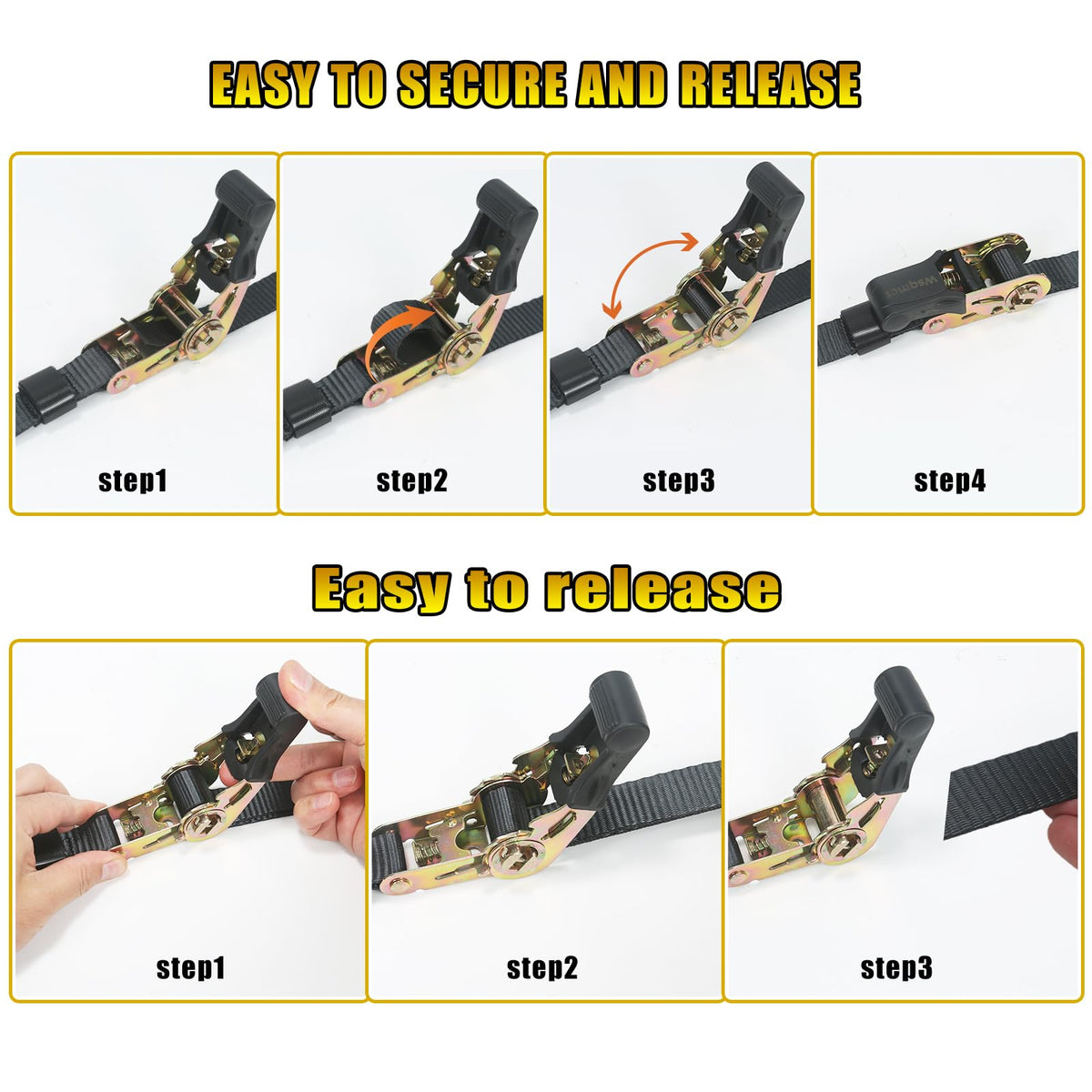 2 Pack Ratchet Straps Heavy Duty Tie-Downs Securing Straps, 1" x 5', Black