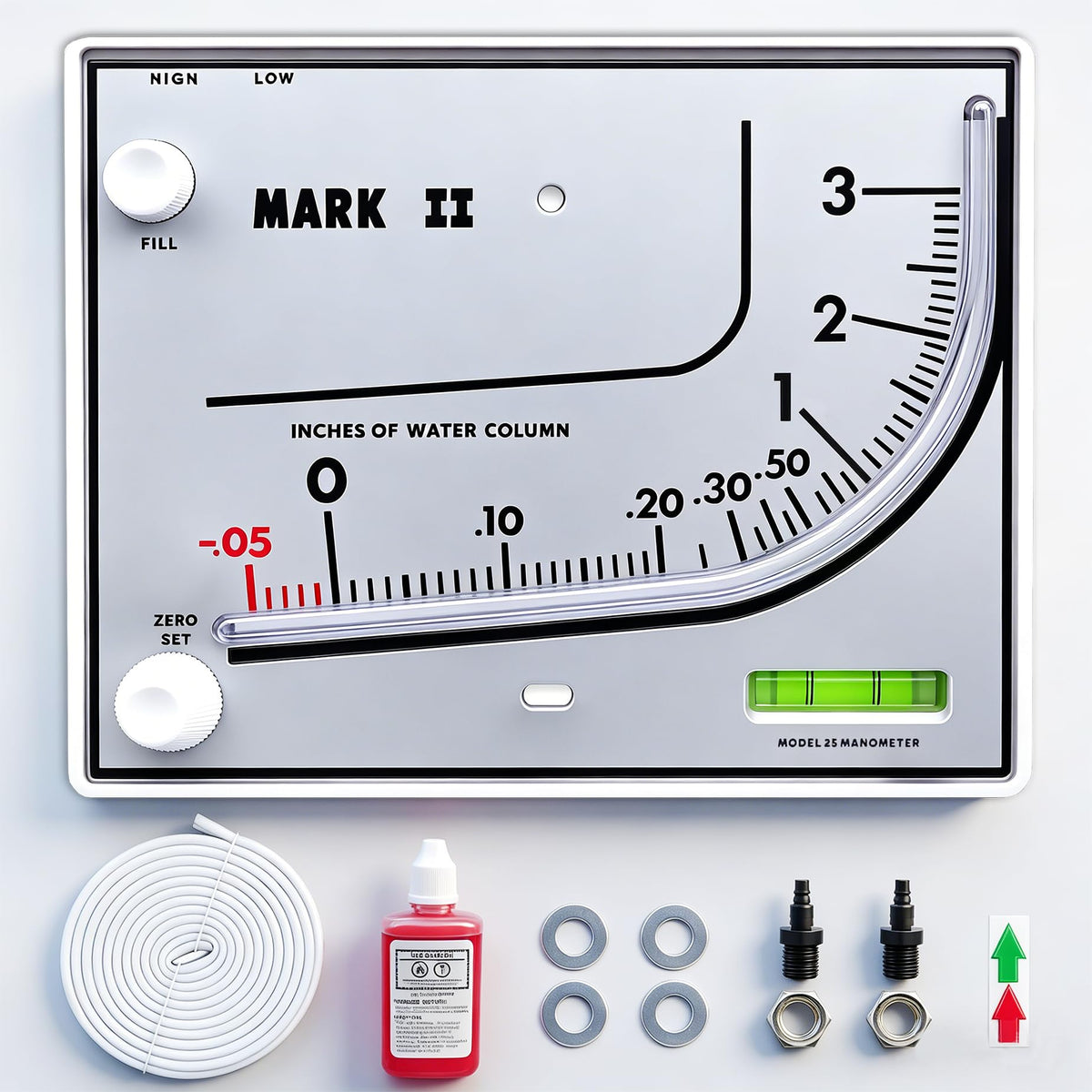 Mark II 25 nesteellä täytetty manometri, 3" wc, 3% tarkkuus painetestaukseen