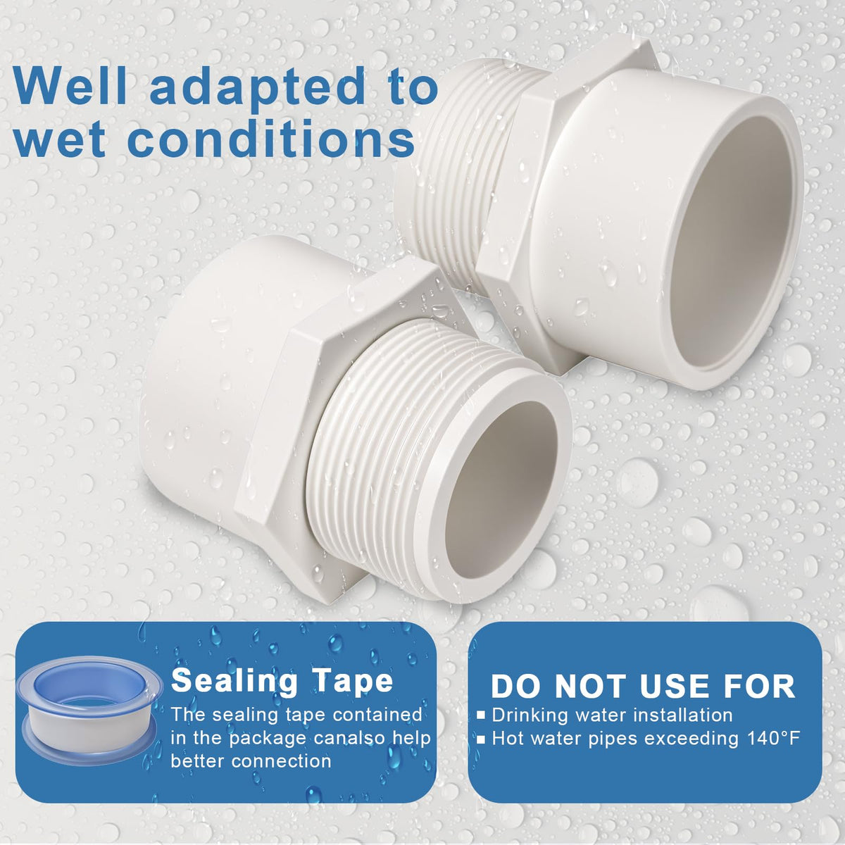 2 Inch Male Thread PVC Fittings White 2-Way PVC Pipe Coupling Adapter Connectors Coupling for 2 Inch Schedule 40 Pipe（2 Pack）