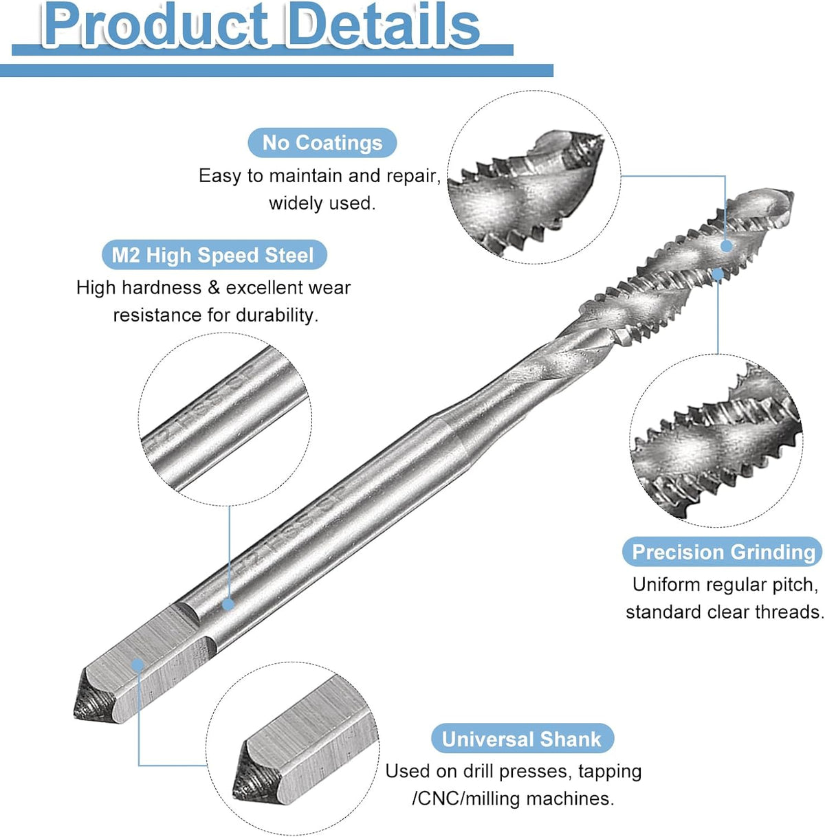Spiral Flute Thread Taps 3/16-24 UNC 2B Machine Threading Tap Bit, Uncoated Screw Tapping Repair Tool, M2 High-Speed Steel (HSS)