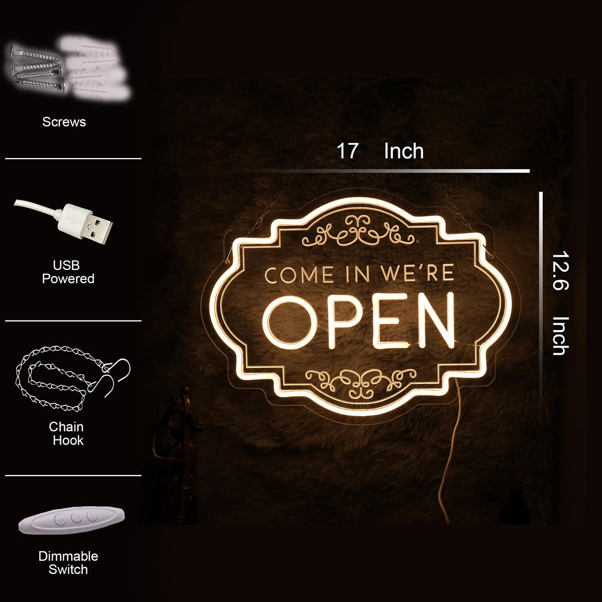 Otwarty neonowy znak 17"x12.6", LED Light zasilany USB do dekoracji sklepu