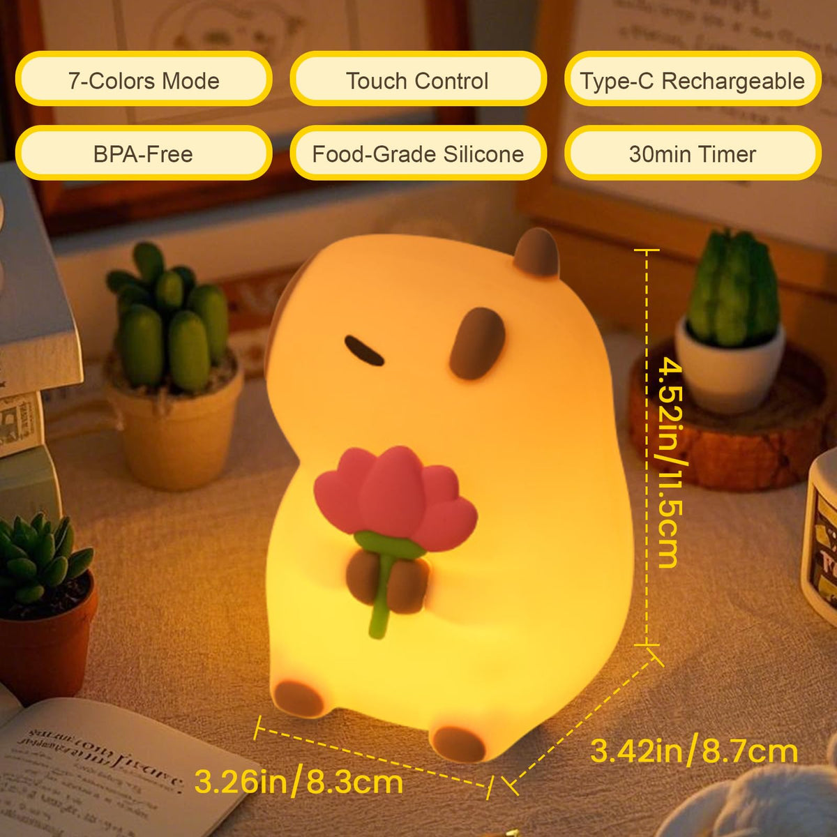 LinkMejor Capybara Natlampe, 7-Farver RGB, 3-Niveauer Dimbar, Oploadbar