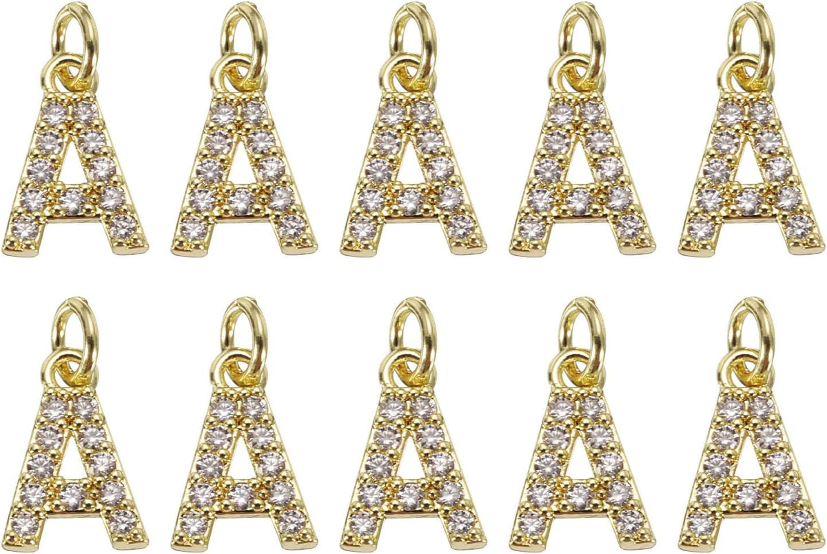 LinkMejor Rhinestone Letter Charm, 10pcs Cubic Zirconia Copper Alphabet A Pendants Slider Letter Charm for Wristbands Bracelets Necklace Jewelry Earring DIY Craft, Gold