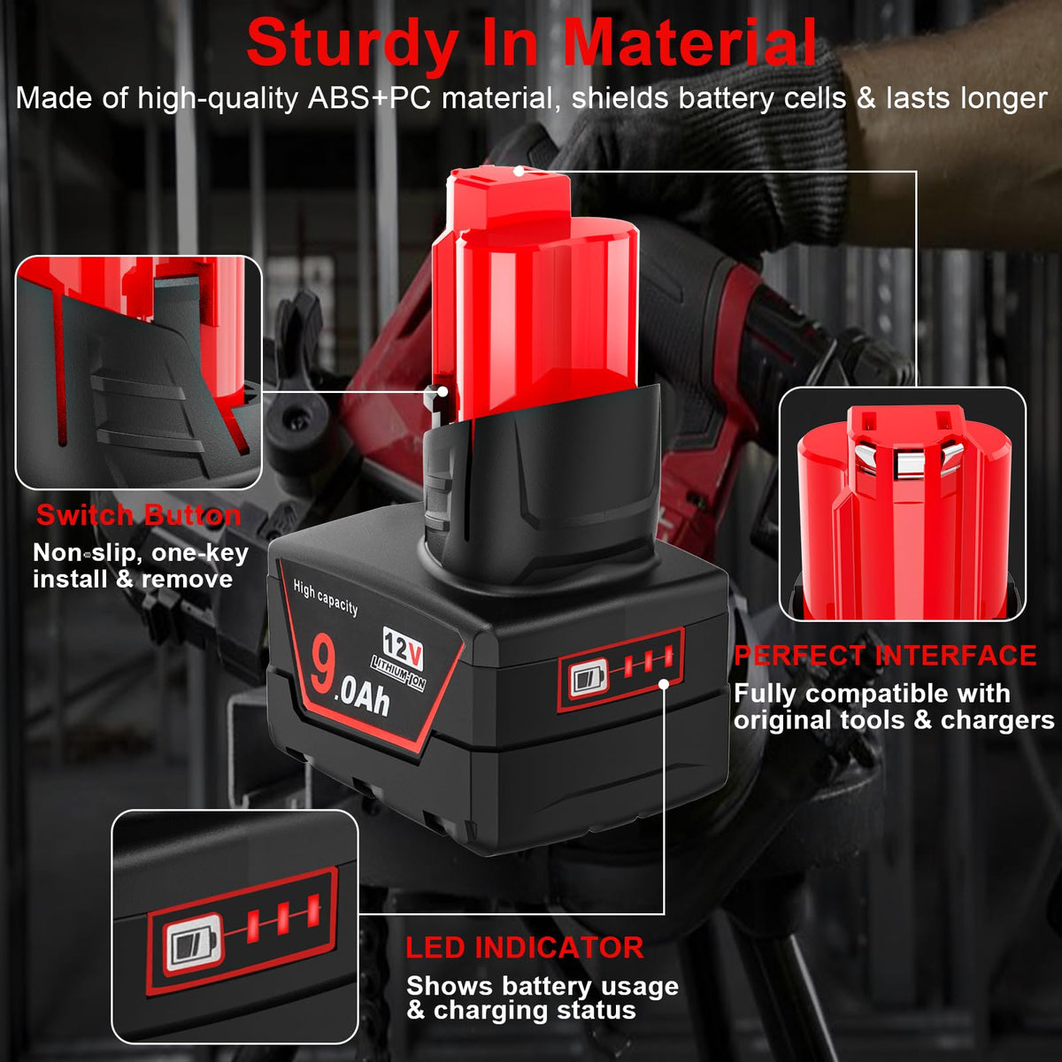 2 Pack 12V 9A Batterier Kompatibel med Milwaukee 12V Trådløse Værktøjer