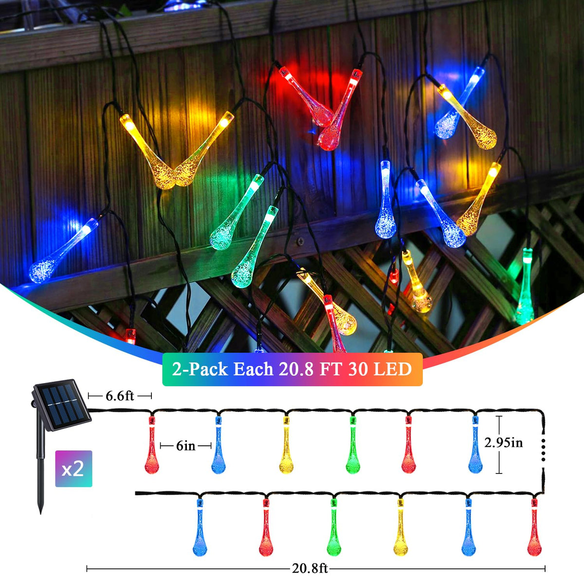 LinkMejor 2 Pack Lampion Solar String Luar Ruangan, Total 60LED 41.6FT, air Tumpah