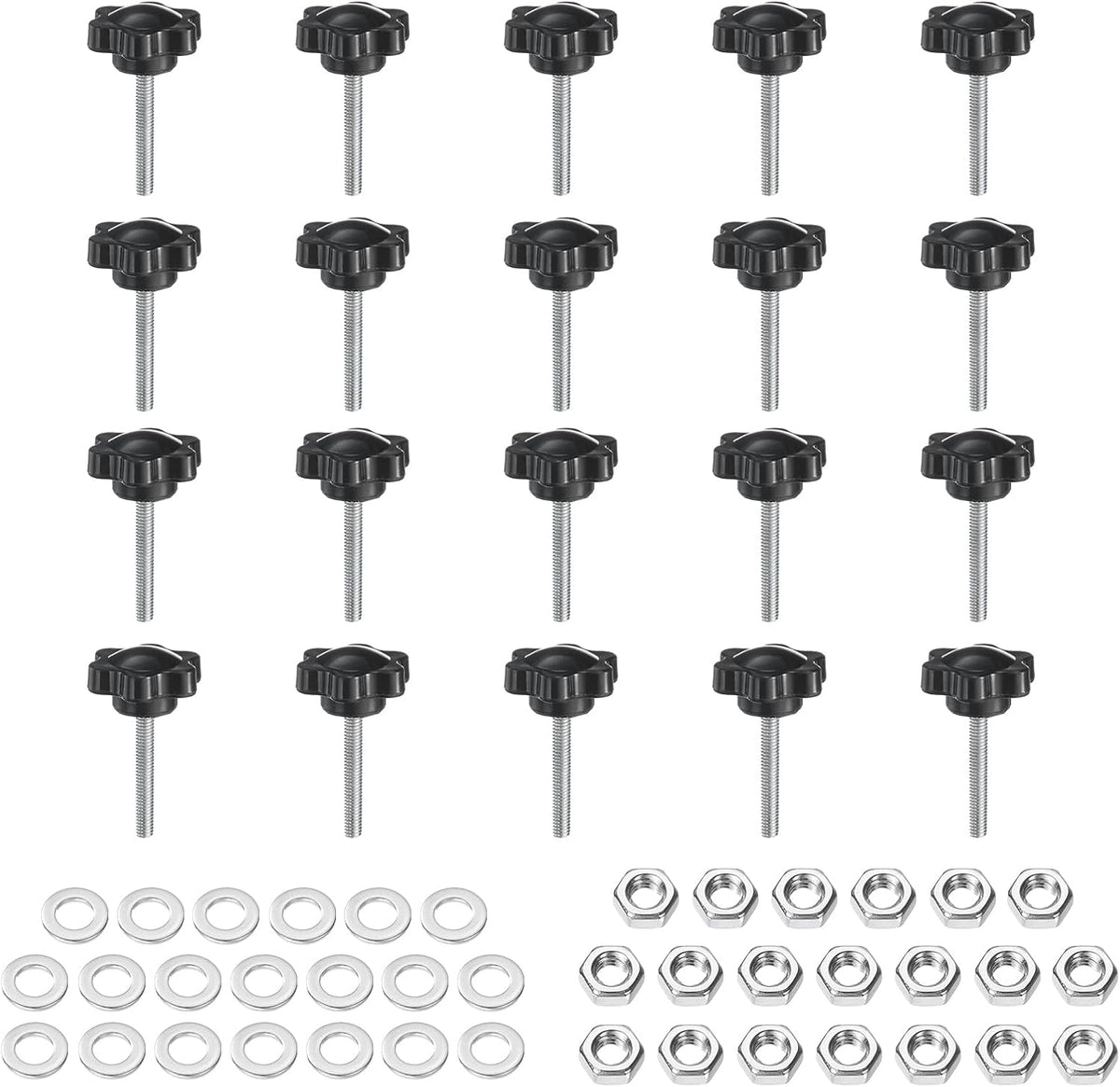 20 Stück Sternhalterungsschrauben mit Muttern, M5 x 30mm, metrisch gehärtetes Zinkverchromtes Kohlenstoffstahl, Männliche Schraube, 25mm, 6-Sterne-Plastikkopf, geschraubte Handschrauben, schwarz