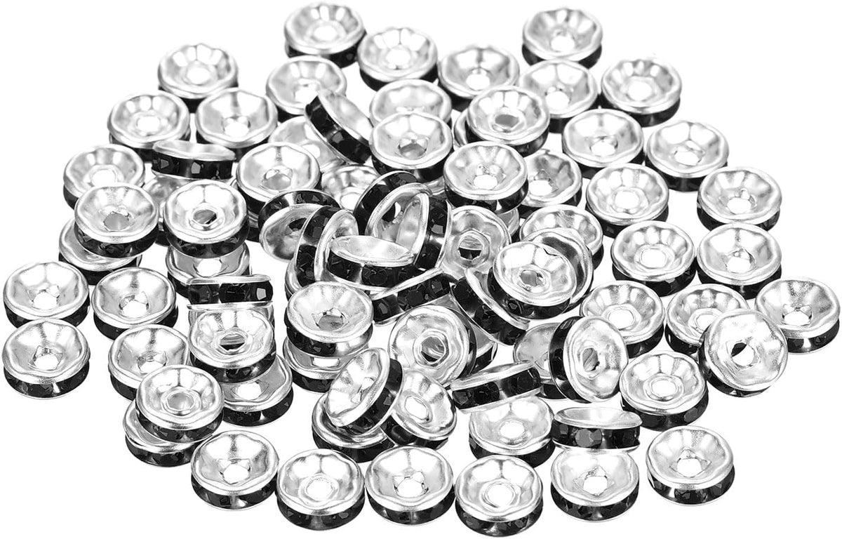 80Pcs Rondelle Spacer Beads, 8mm Rhinestone Spacer Beads Silver Plated Crystal Bead Spacers for DIY Jewelry Making Necklaces Bracelet Pendants, Black