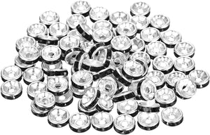 80Pcs Rondelle Spacer Beads, 8mm Rhinestone Spacer Beads Silver Plated Crystal Bead Spacers for DIY Jewelry Making Necklaces Bracelet Pendants, Black