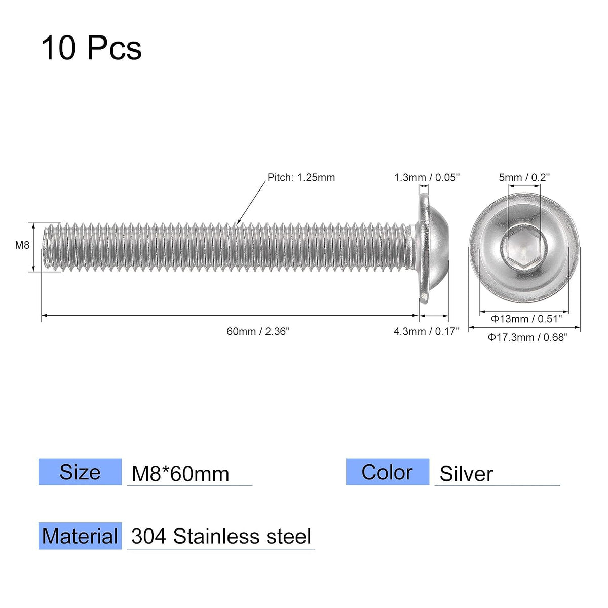 Flanged Button Head Socket Cap Screws, M8x70mm Hex Socket Drive Screw, 304 Stål Fasteners Bolte, Fuldt Skruet Maskinskrue 10stk