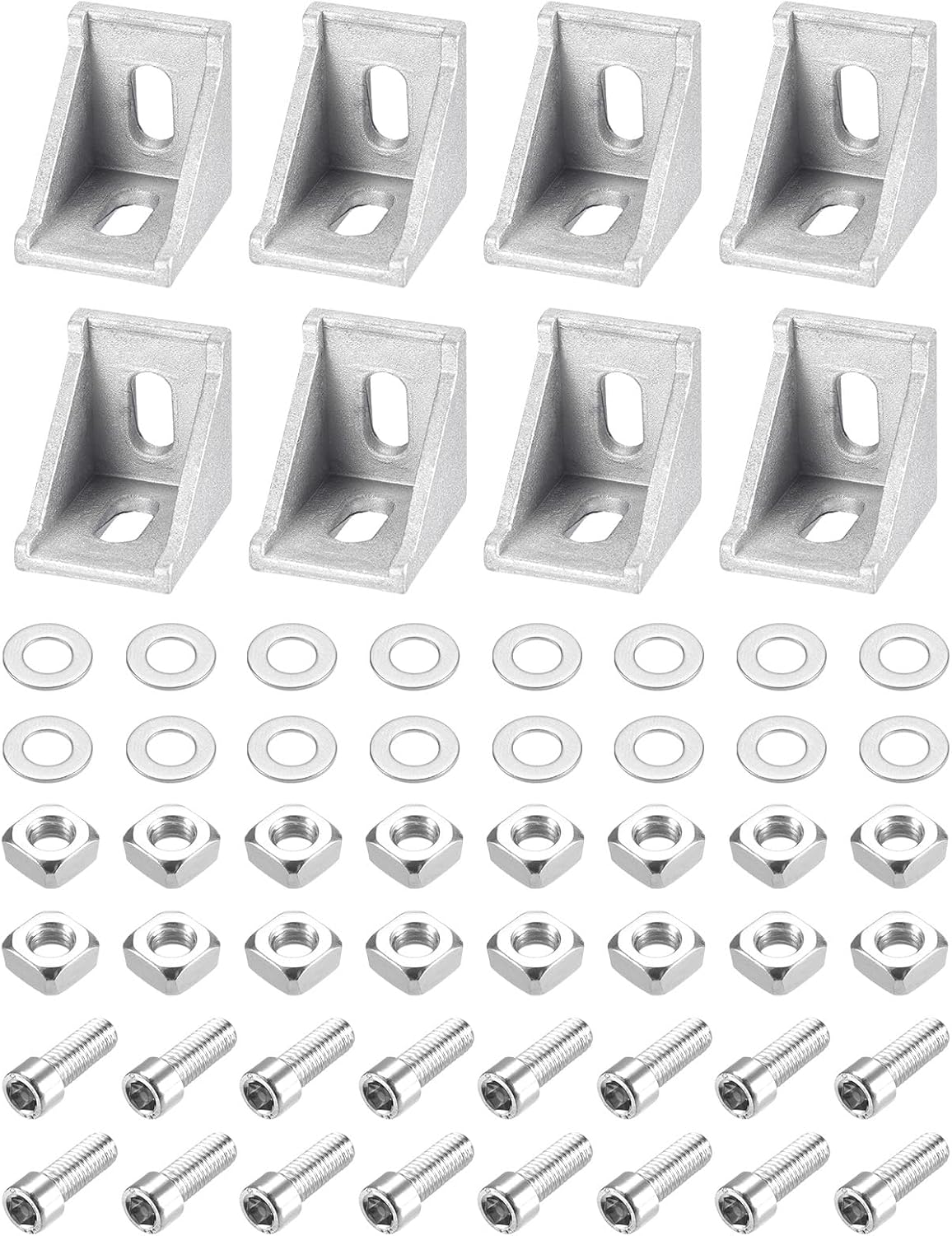 8Set Inside Corner Bracket Gusset Kits, 35x35x29mm 3030 Angle Connector for 3030 Series Aluminum Profile (Silver/ 16 x Square Nuts & Hex Socket Bolts & Washers)