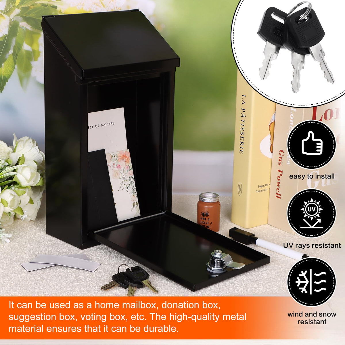 Metal Donation Box Charity Steel Collection Box Office Suggestion Secure Mailbox with Top Slot and Lock with Keys Wall Mount Waterproof Mailbox for Home Office (Black, 10.2 x 5.7 x 2.9 Inch)