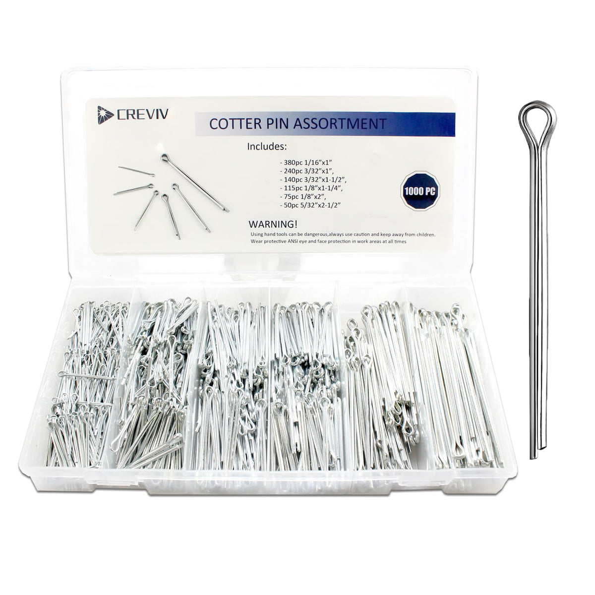 1000 pcs Cotter Pin Assortment Kit, 6 Sizes Split Pins (1/16" to 5/32")