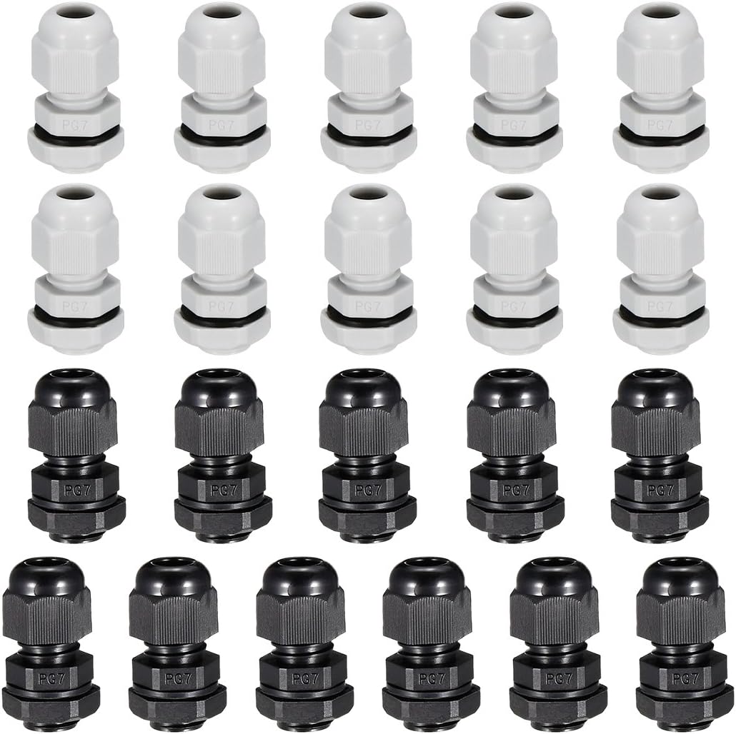 21Pcs PG7 Cable Gland Waterproof Connector Plastic Wire Glands Joints White Black for 3-6.5mm Dia Wires