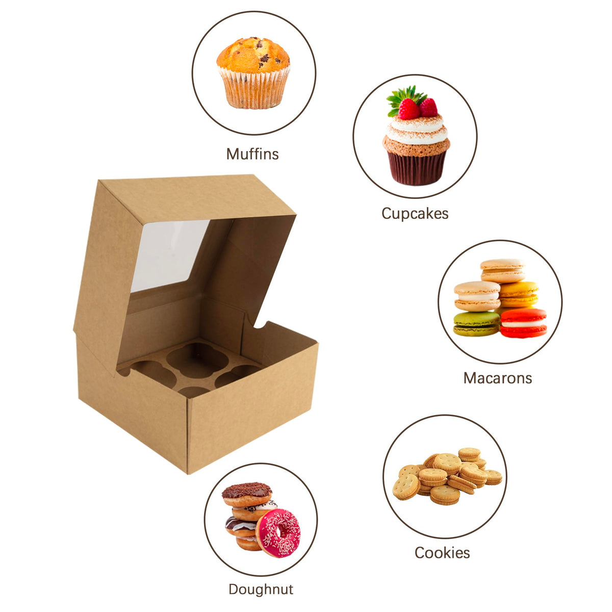 LinkMejor 4 Cesti per Cupcake Kraft con finestra, 6 Set, 6x6x3 Pollici
