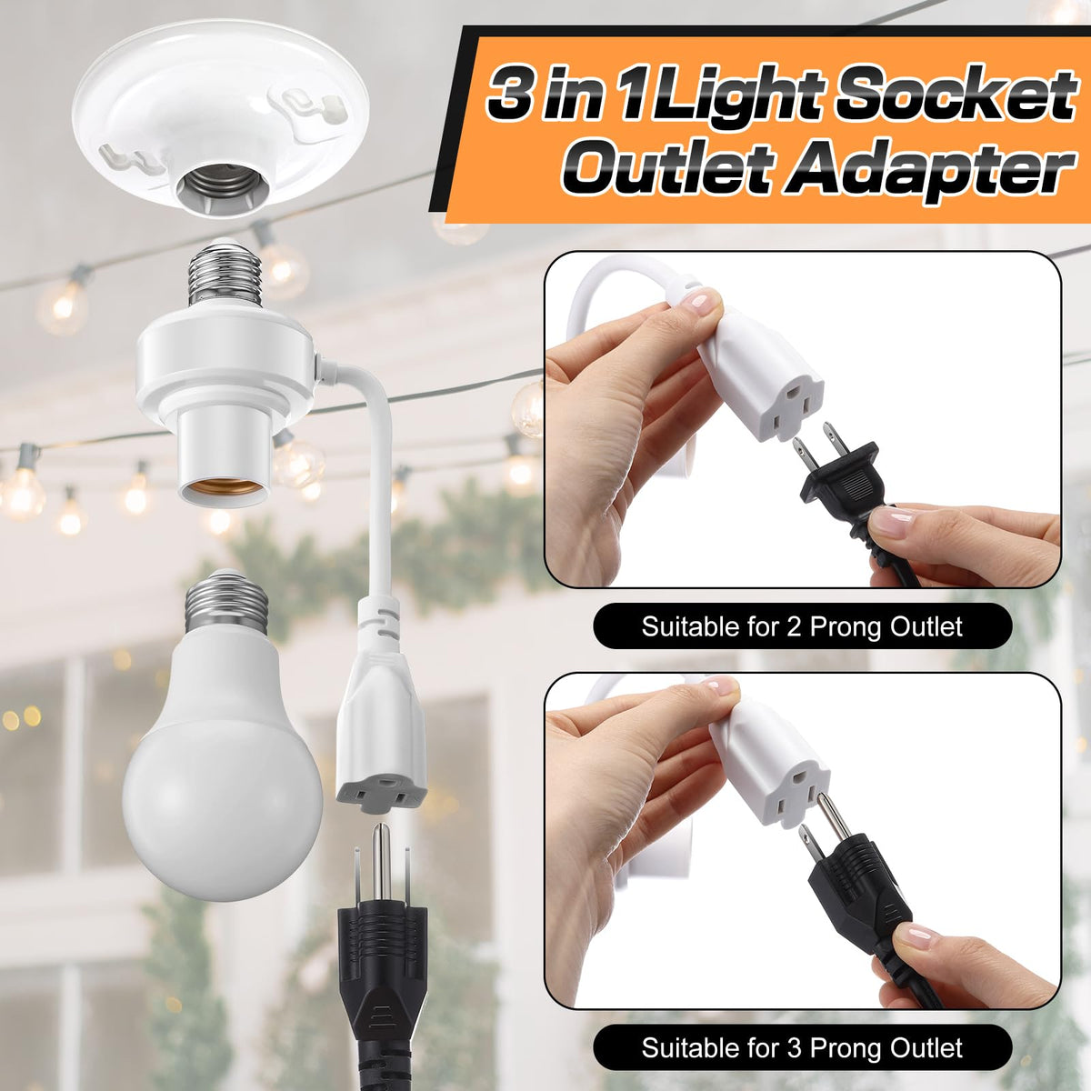 LinkMejor 3 in 1 E26 Socket Outlet Adapter, Socket ke Plug, 2 Pcs