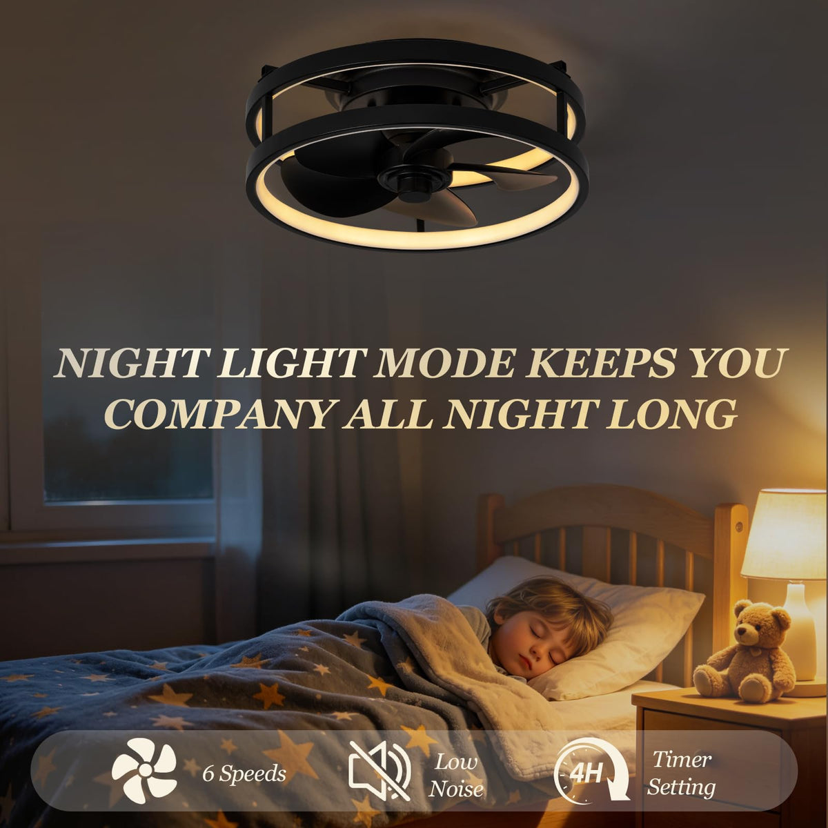 LinkMejor 13" Small Baixo Profilo Ventilador de Teto com Controle Remoto de Luz Preto