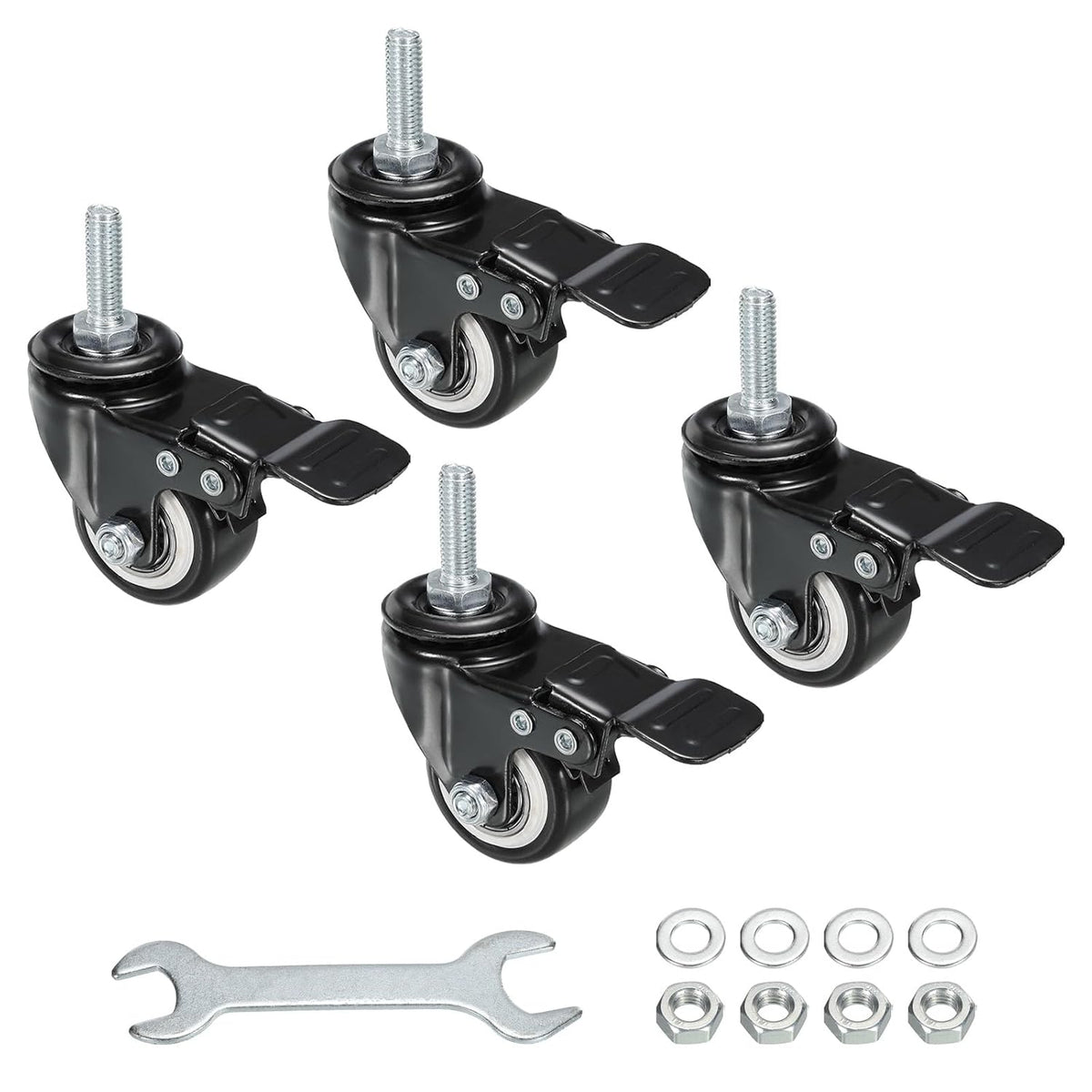 1.5 Inch Swivel Threaded Stem Casters M8x25mm Thread PU Caster Wheel with Brake 88lbs Load for Furniture Carts, Black 4pcs