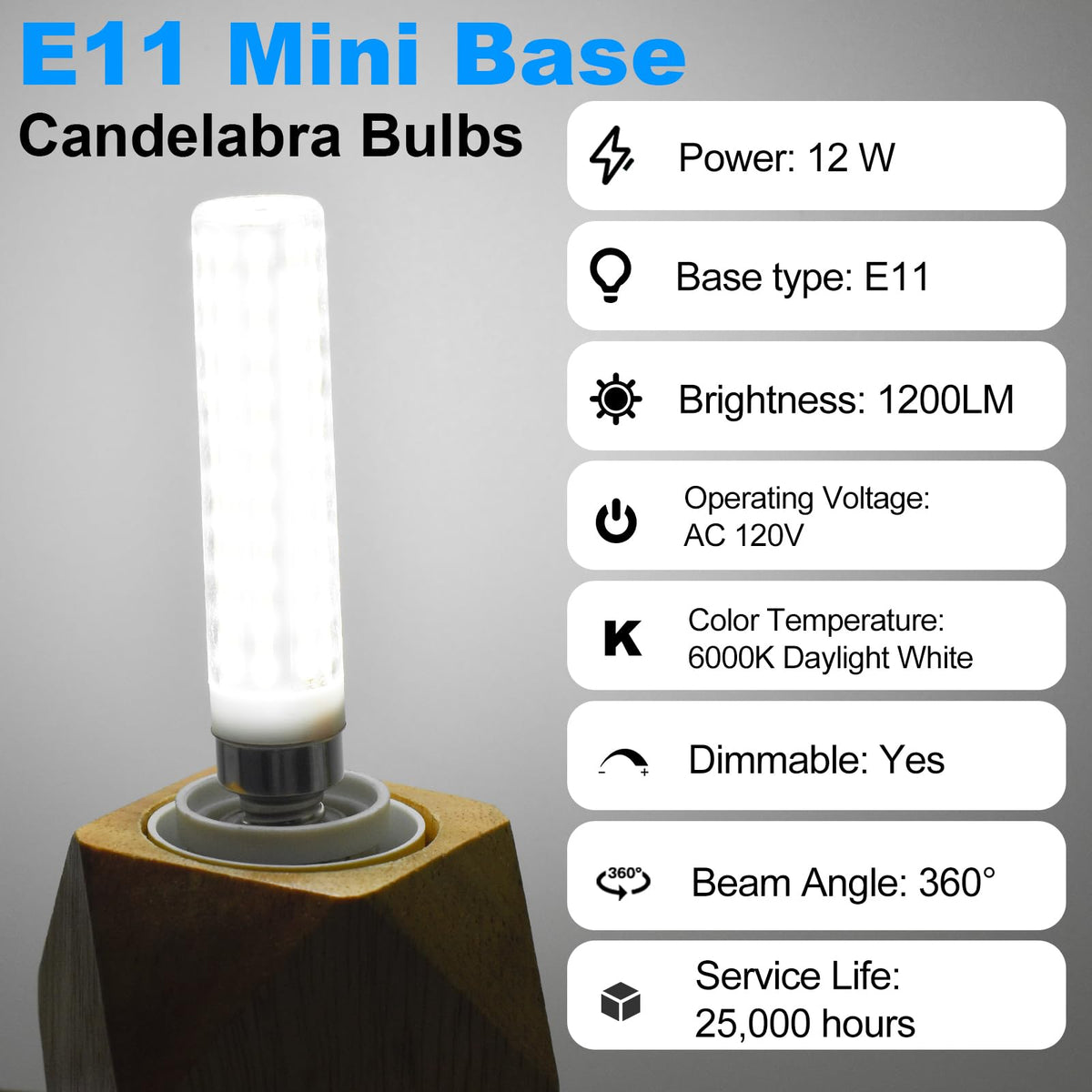 E11 T4 Candelabra Bulbs Dimmable 12W 120V Daylight White 6000K 4-Pack
