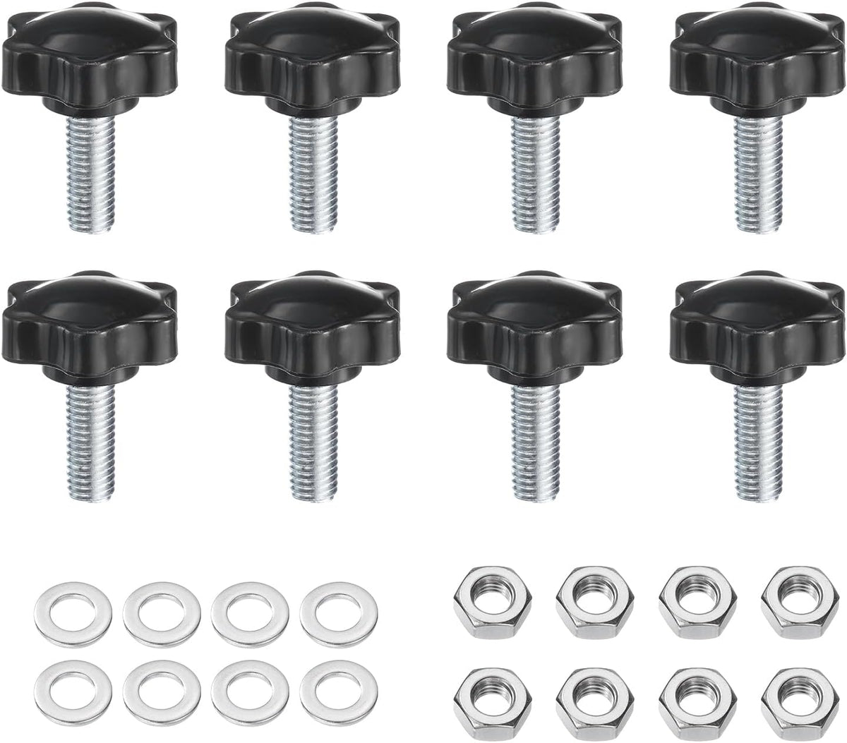 8pcs Star Clamping Knobs with Nuts Washers, M10 x 25mm Metric Zinc Plated Carbon Steel Male Thread 38mm 6-Star Plastic Head, Threaded Stud Hand Knobs Handles Thumb Screws, Black