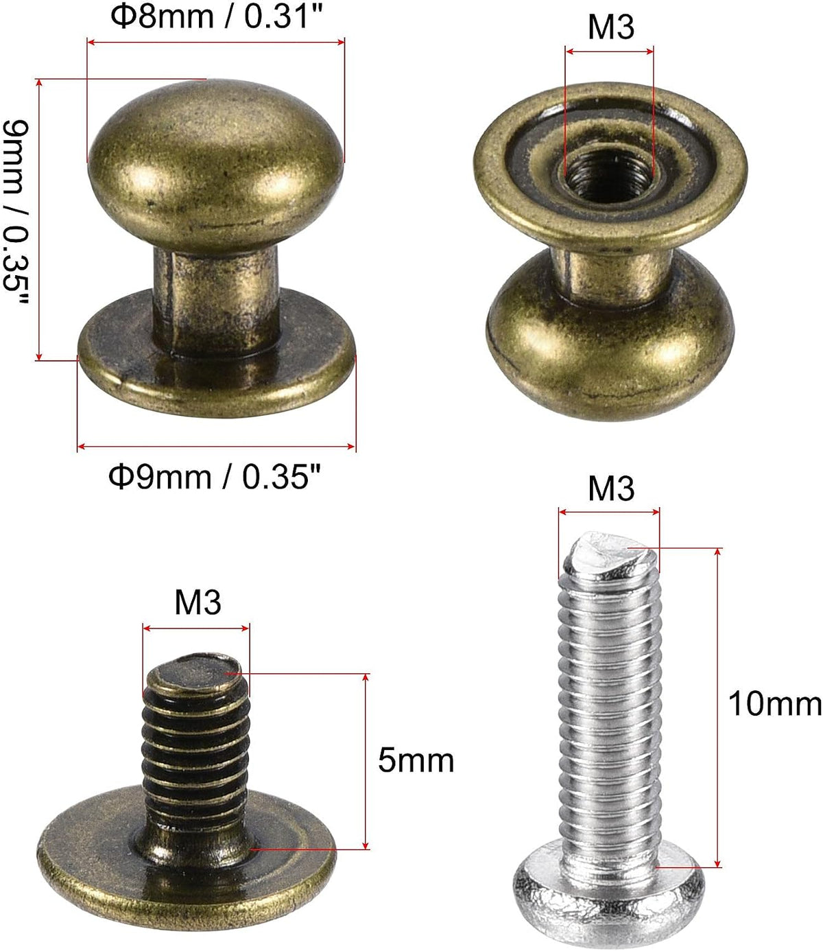 8mm قطر الرأس، أزرار دائرية سحاب، 12 قطعة من الألومنيوم المعدني لسحابات الأدراج، صندوق هدية لأسوار الأبواب مع مسامير، نغمة البرونز