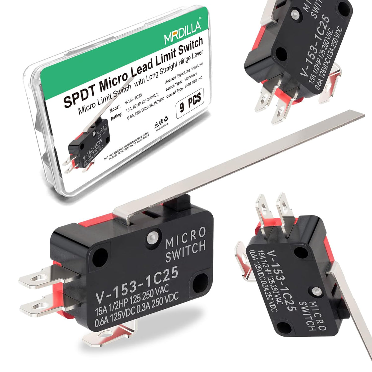 9PCS Interrupteur limité micro SPDT avec levier d'articulation long, 15A 125/250VAC