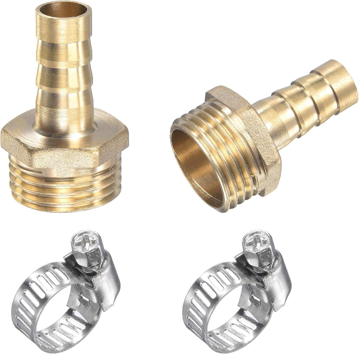 Brass Hose Barb Fitting Straight 10mm x G1/2 Male Thread Pipe Connector with Stainless Steel Hose Clamp, Pack of 2