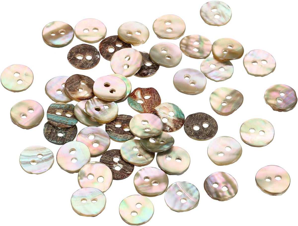 50Pcs Natural Shell Button, 2 Hole 11.5mm Mother of Pearl Buttons for Shirt Coats Suits Jacket Jeans Skirts DIY Sewing Crafts, 1.5-2.3mm Thick, Brown