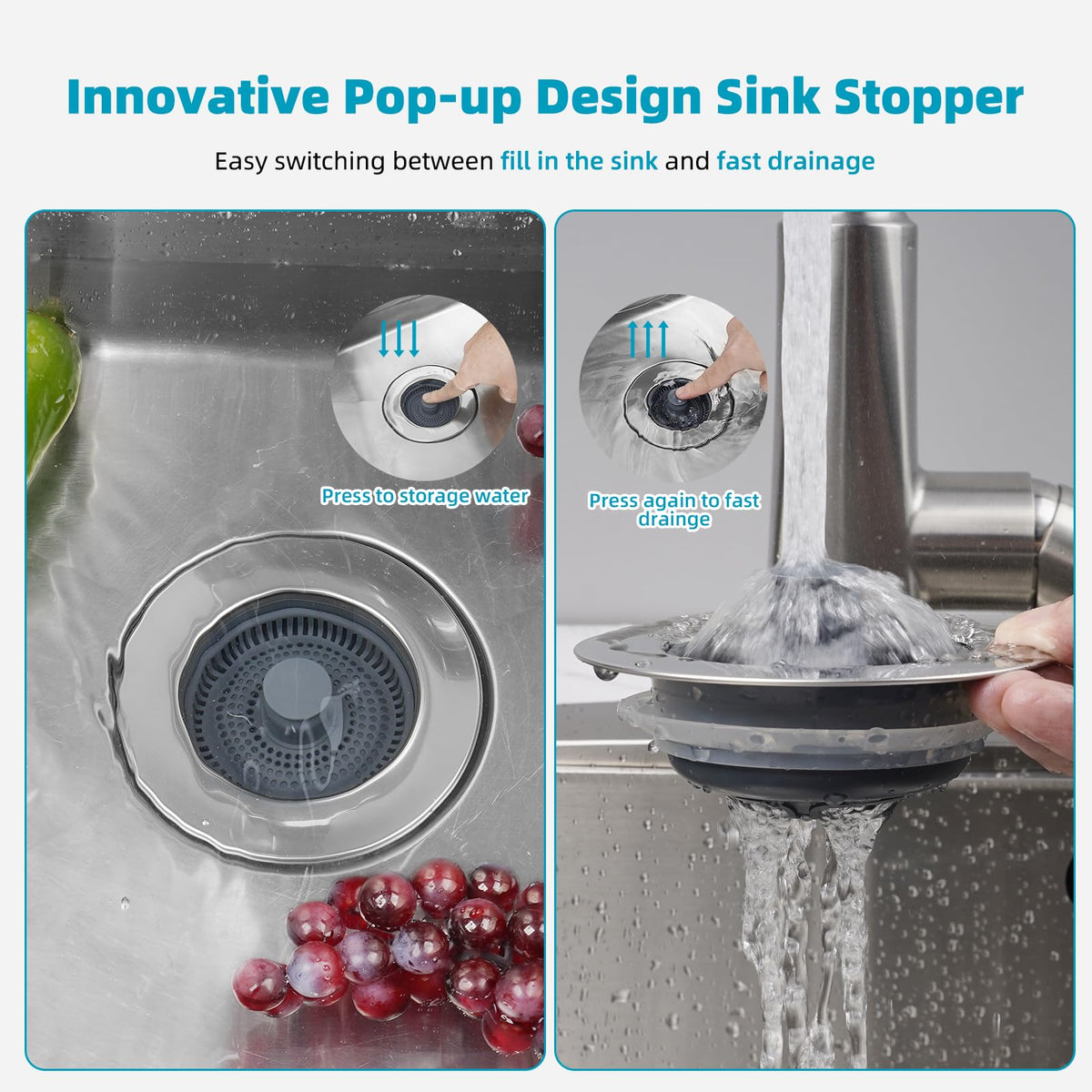 LinkMejor 3-in-1 Saluran Pemfilter Air Kandang Dapur & Stopper, Tangi Rata, Krom