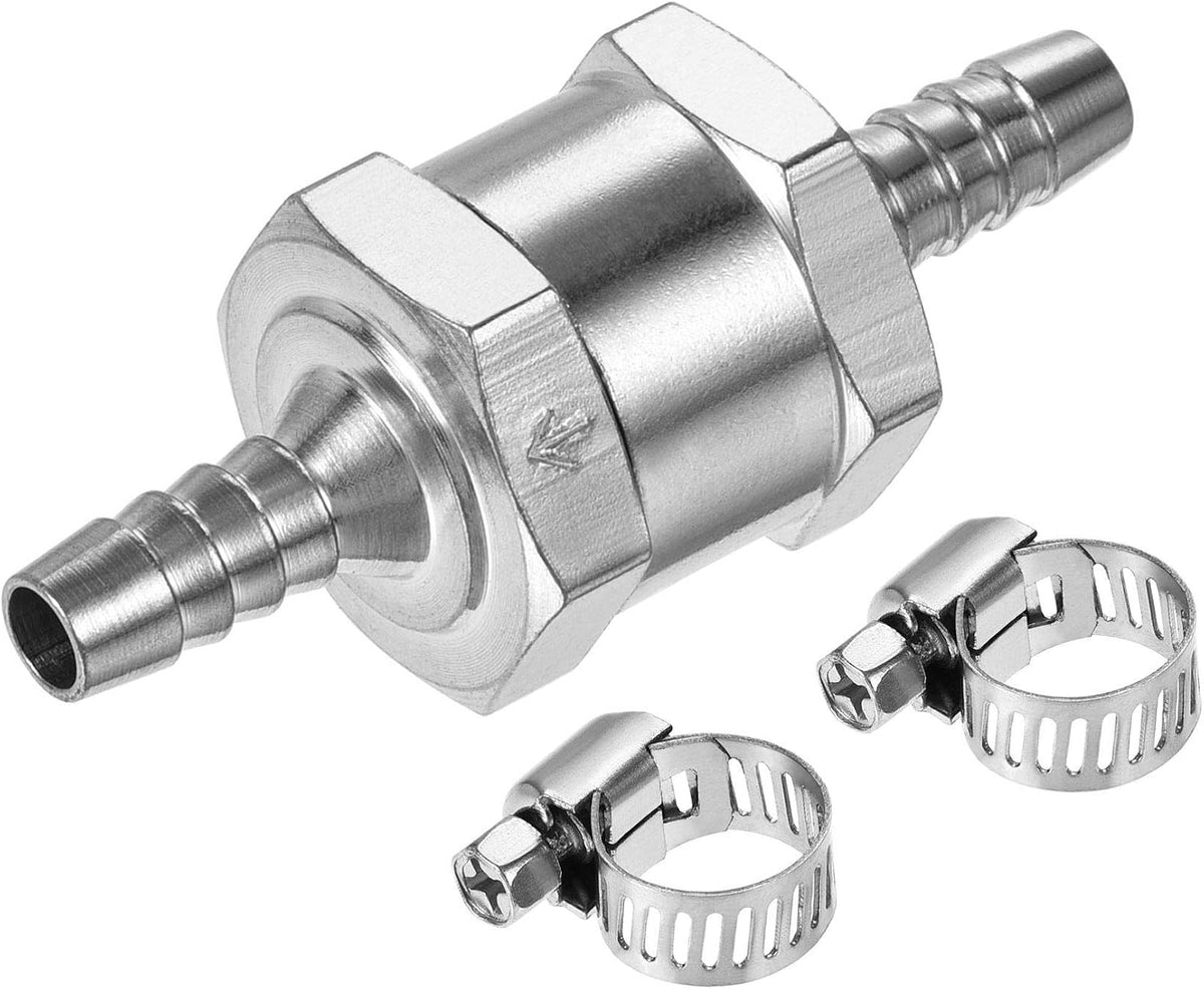 Non-Return One Way Check Valve 7mm Barb OD Aluminum Alloy with 2 Stainless Steel Adjustable 6-12mm Hose Clamps, for Water Oil Petrol Fuel Line