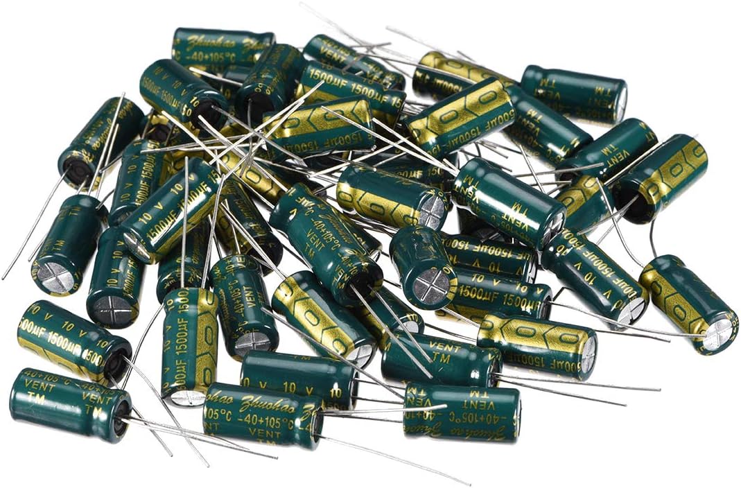 50pcs Aluminum Radial Electrolytic Capacitor Low ESR Green with 1500uF 10V 105 Celsius Life 3000H 8 x 16 mm High Ripple Current,Low Impedance