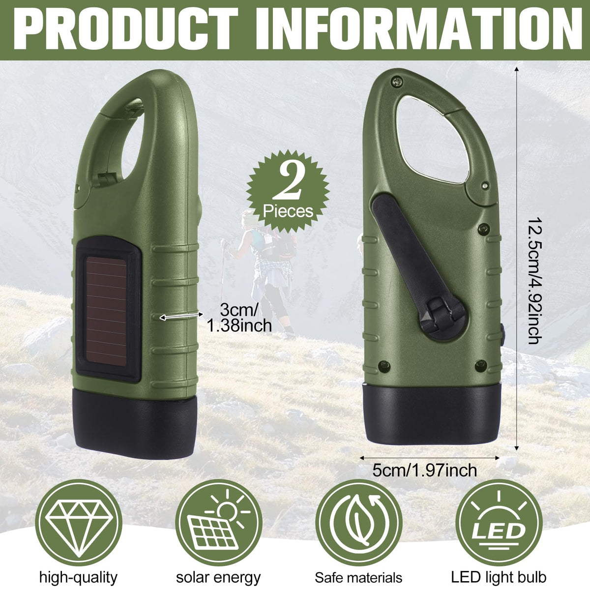 LinkMejor 2 Pcs Hand Crank Solar Flashlight Emergency LED, Army Green