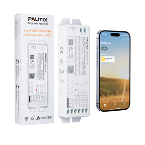 مستشعر WiFi LED LinkMejor Matter 5 في 1 متوافق مع تطبيق Tuya/Homekit/Smart Life/Alexa/Google Home/Siri، مقياس ضبط مدمج 12-48V للإضاءة LED أحادية الألوان/CCT/RGB/RGBW/RGBCCT