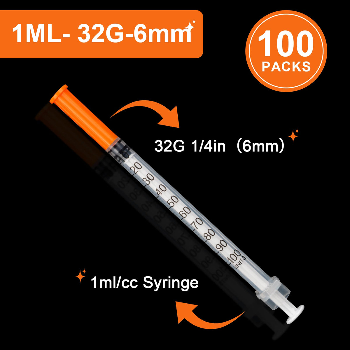 หลอดสอดยา U-100 ขนาด 1 มล. ความจุ 32 กรัม ความยาว 1/4 นิ้ว (6 มม.) แพ็ค 100 ชิ้น