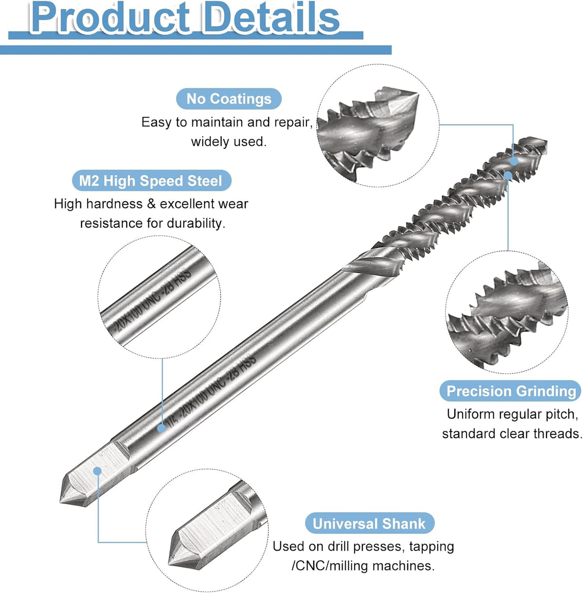 Spiral Flute Thread Taps 3/16-24 UNC 2B Machine Threading Tap Bit, Uncoated Screw Tapping Repair Tool, M2 High-Speed Steel (HSS)