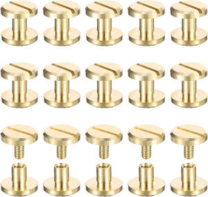15Pack Brass Chicago Screws, 4x5x10mm Flower Texture Flat Head Screw Back Binding Post Nail Stud Rivets Fastener for DIY Leather Craft Belt Strap, Gold