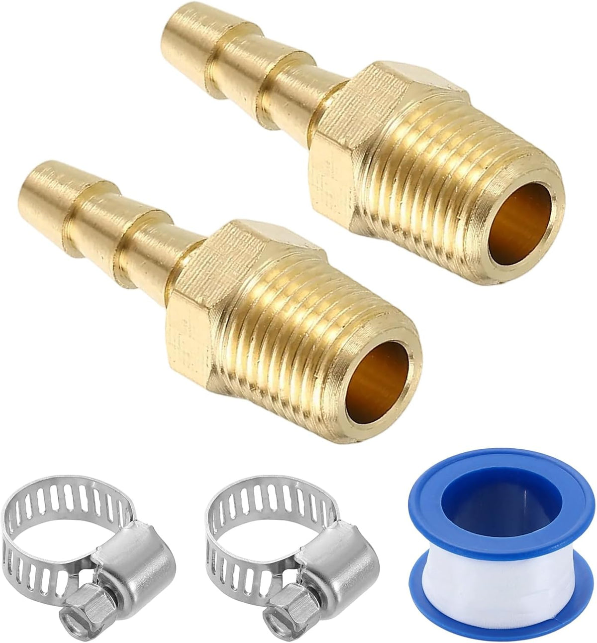 2Pcs Brass Hose Barb Fittings, 3/16" Barb x 1/8" NPT Male Hose Connector with Hose Clamps for Water Fuel Gas Oil Transportation