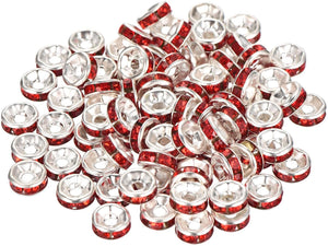 80Pcs Rondelle Spacer Beads, 6mm Rhinestone Spacer Beads Silver Plated Crystal Bead Spacers for DIY Jewelry Making Necklaces Bracelet Pendants, Red