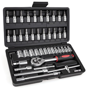 LinkMejor 46PCS 1/4 Inches Ratchet Socket Wrench Set, Metric Socket Ratchet Wrenches Set, Ratcheting Wrench Tool Sets for Men, Premium Small Car Tool Kit for Automotive, Household Maintenance and