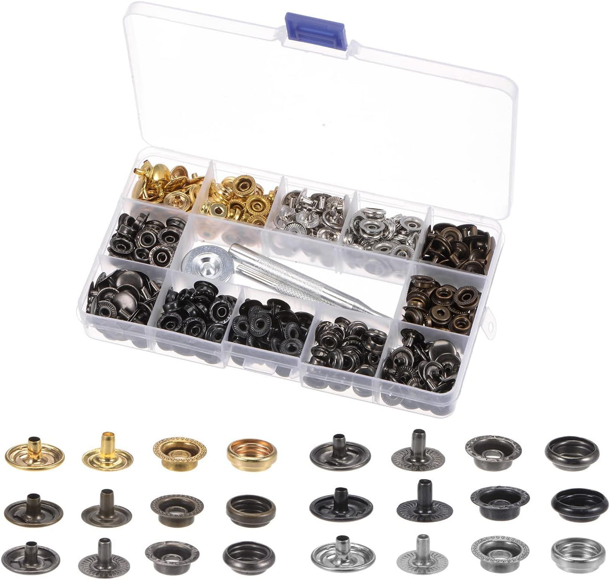 120 Sets Leather Snap Fasteners Kit 6 Colors 12mm Metal Press Studs Buttons Tool with 3 Setter Tools & Storage Box for Clothing Leather Sewing