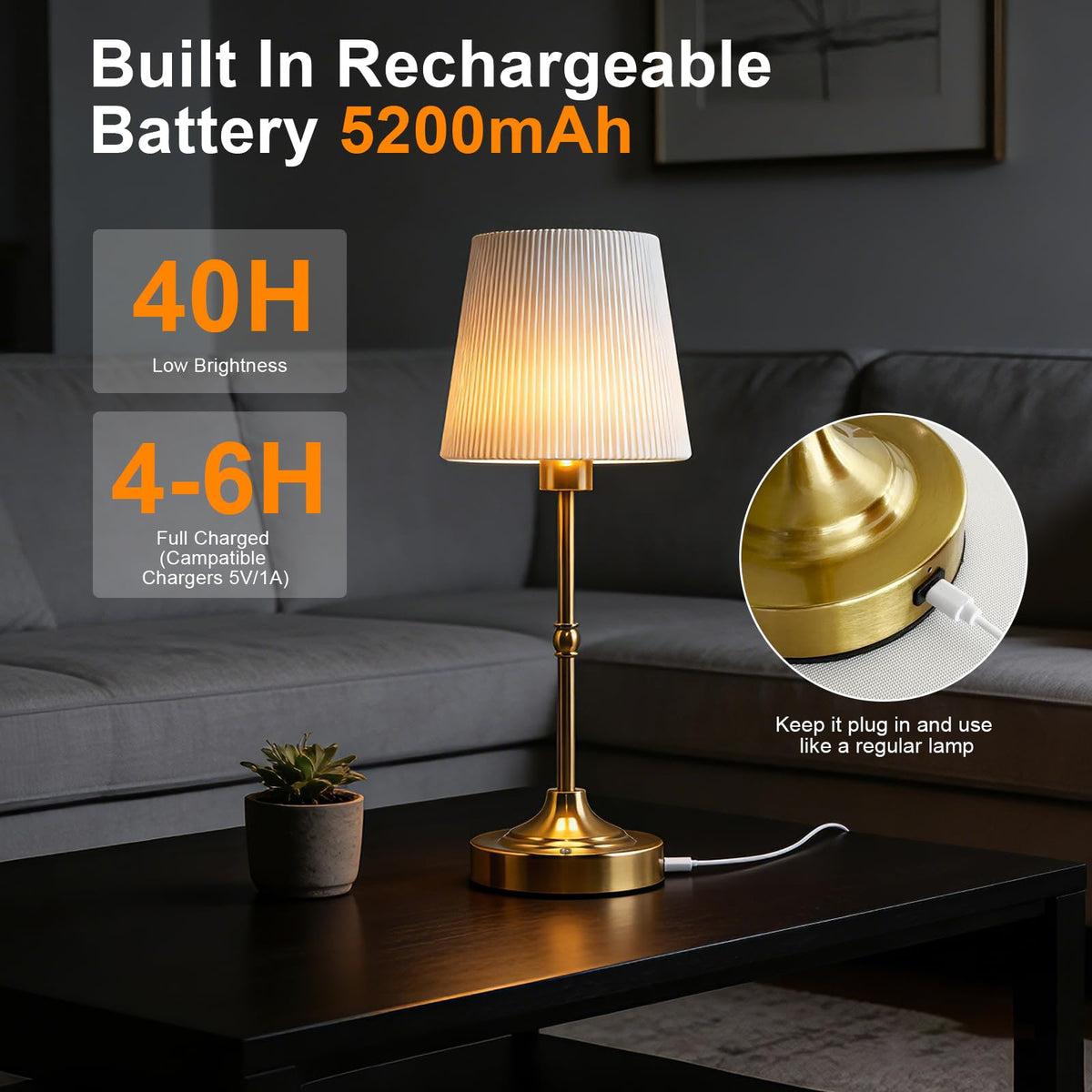 Cordless LED Table Lamp with Dimmer,5200mAh Rechargeable Battery Touch Lamp
