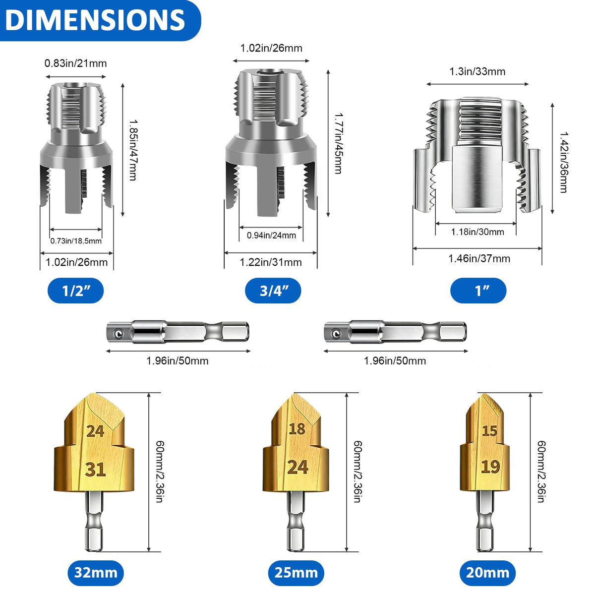 3PCS PVC putkityökaluvalikoima-1/2" 3/4" 1" kaksoistoiminnallinen sisä- ja ulkoputkityökalu vesiputkille, porakone yhteensopiva putkityökalu putkeihin ja kotirenovointiin