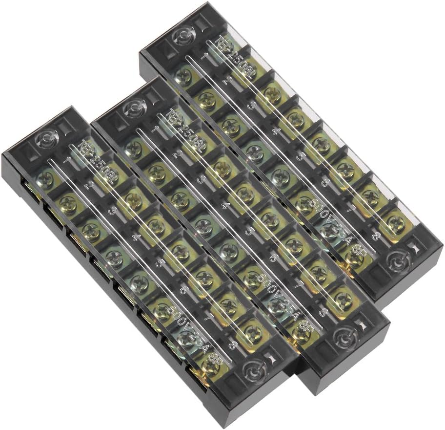 3 Pcs 8 Positions Dual Rows 600V 25A Wire Barrier Block Terminal Strip TB-2508L