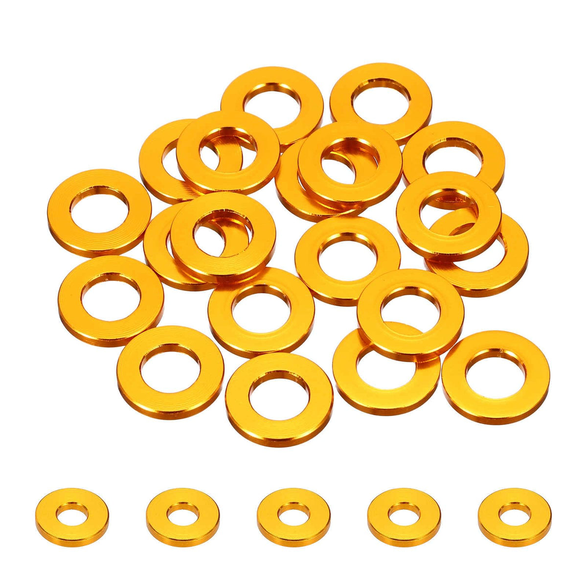 LinkMejor 50pcs M4 Flat Washer Aluminum Gasket Anodized Countersunk Washer,Hole Dia 4mm/0.16" Round Washers for Screw RC/FPV/PC/Drone/Mechanical Accessories Model Parts,(Gold Tone)
