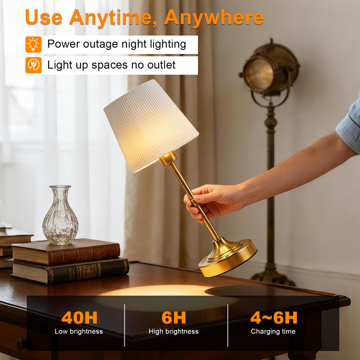 Cordless LED Table Lamp with Dimmer,5200mAh Rechargeable Battery Touch Lamp